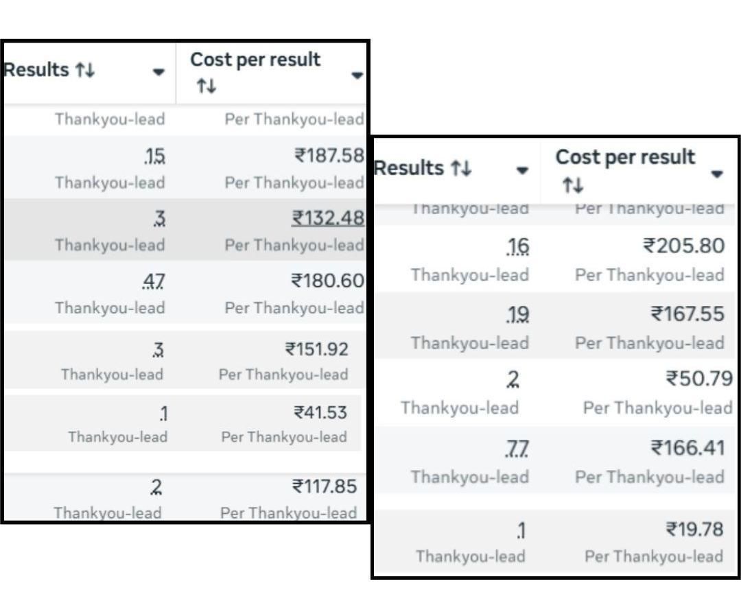 Meta Ads results and cost per lead columns